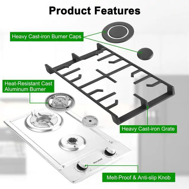 Alt view image 6 of 7 - 2 Burner Gas Cooktop, 12 Inch Built-in Stainless Steel Gas Stove Top | NG/LPG Convertible Propane Stove, Electronic Auto Ignition, Heavy-Duty Cast Iron Grates for Kitchen, Apartment, RV, Outdoor