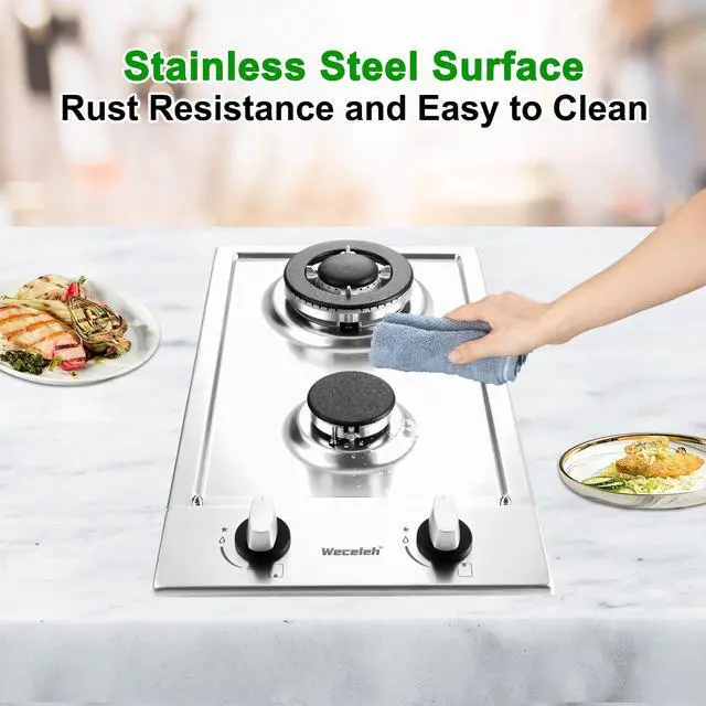 Alt view image 7 of 7 - 2 Burner Gas Cooktop, 12 Inch Built-in Stainless Steel Gas Stove Top | NG/LPG Convertible Propane Stove, Electronic Auto Ignition, Heavy-Duty Cast Iron Grates for Kitchen, Apartment, RV, Outdoor