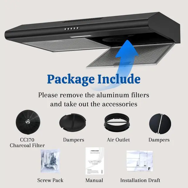 Alt view image 7 of 7 - Under Cabinet Range Hood 30 Inch Black, Ducted/Ductless Convertible Kitchen Vent Hood with 250 CFM, 3-Speed Fan & LED Lights for Stove Ventilation
