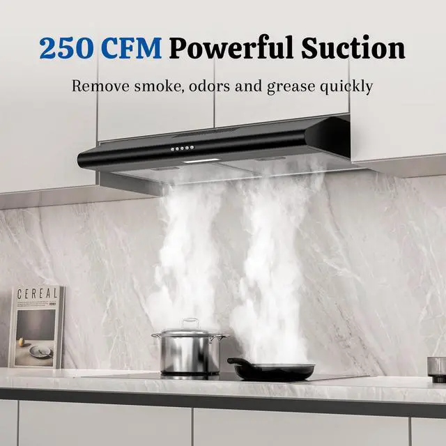 Alt view image 2 of 7 - Under Cabinet Range Hood 30 Inch Black, Ducted/Ductless Convertible Kitchen Vent Hood with 250 CFM, 3-Speed Fan & LED Lights for Stove Ventilation