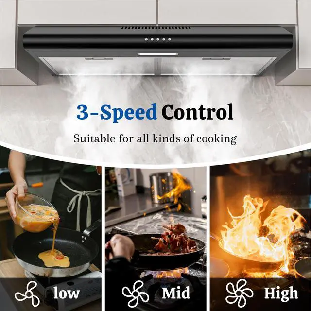 Alt view image 4 of 7 - Under Cabinet Range Hood 30 Inch Black, Ducted/Ductless Convertible Kitchen Vent Hood with 250 CFM, 3-Speed Fan & LED Lights for Stove Ventilation
