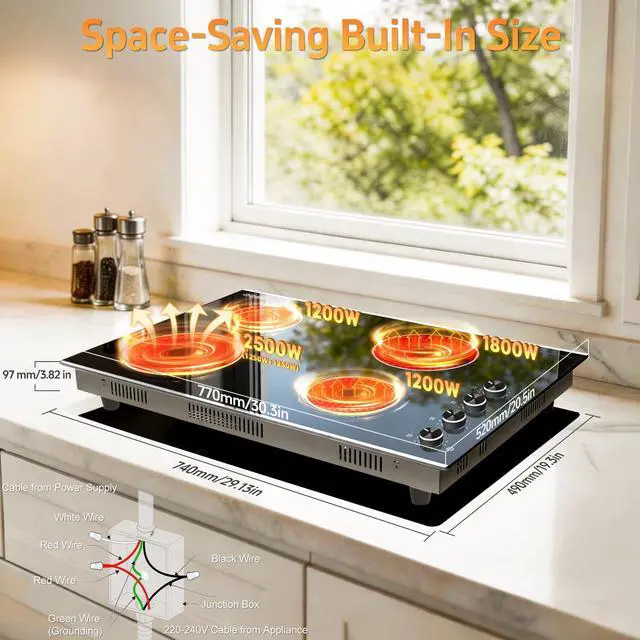 Alt view image 3 of 7 - Electric Cooktop 30 Inch, 6700W Knob Control 4 Burner Electric Stove Top Burner Hot Plate, 220V-240V Bulit-in Ceramic Radiant Stovetop with Multi-Ring Control, Hardwire (No Plug)
