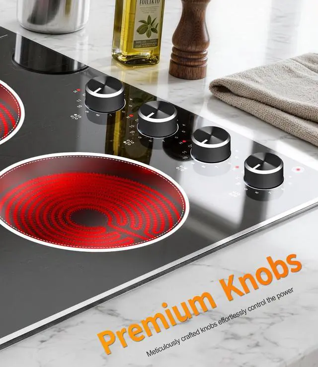 Alt view image 2 of 7 - Electric Cooktop 30 Inch, 6700W Knob Control 4 Burner Electric Stove Top Burner Hot Plate, 220V-240V Bulit-in Ceramic Radiant Stovetop with Multi-Ring Control, Hardwire (No Plug)