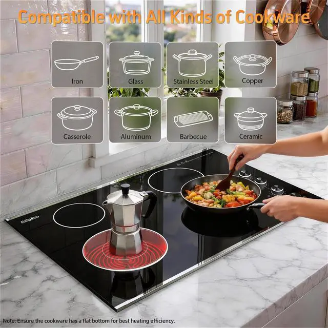 Alt view image 5 of 7 - Electric Cooktop 30 Inch, 6700W Knob Control 4 Burner Electric Stove Top Burner Hot Plate, 220V-240V Bulit-in Ceramic Radiant Stovetop with Multi-Ring Control, Hardwire (No Plug)