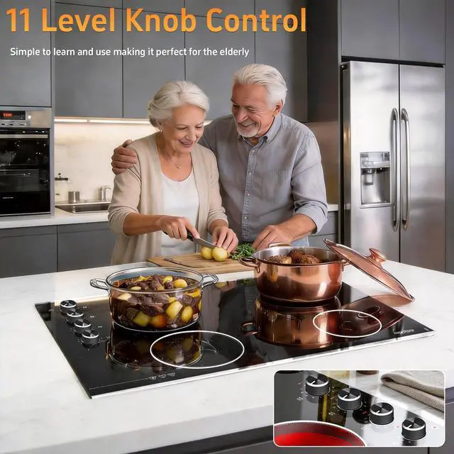 Alt view image 6 of 7 - Electric Cooktop 30 Inch, 6700W Knob Control 4 Burner Electric Stove Top Burner Hot Plate, 220V-240V Bulit-in Ceramic Radiant Stovetop with Multi-Ring Control, Hardwire (No Plug)