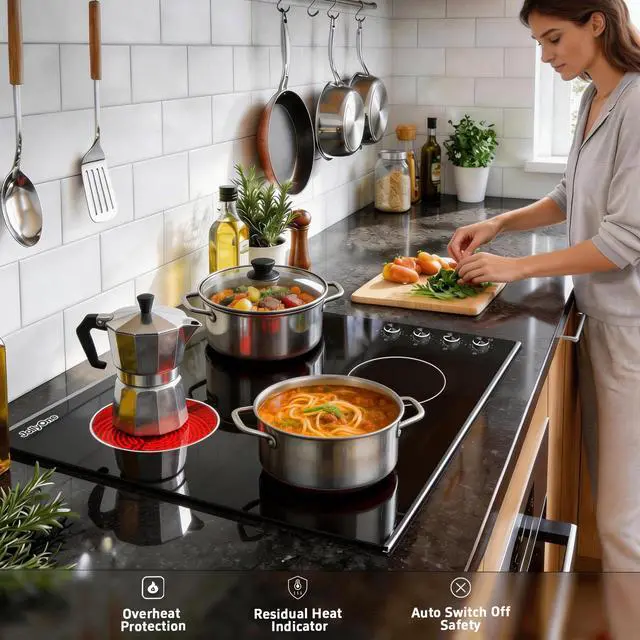 Alt view image 7 of 7 - Electric Cooktop 30 Inch, 6700W Knob Control 4 Burner Electric Stove Top Burner Hot Plate, 220V-240V Bulit-in Ceramic Radiant Stovetop with Multi-Ring Control, Hardwire (No Plug)