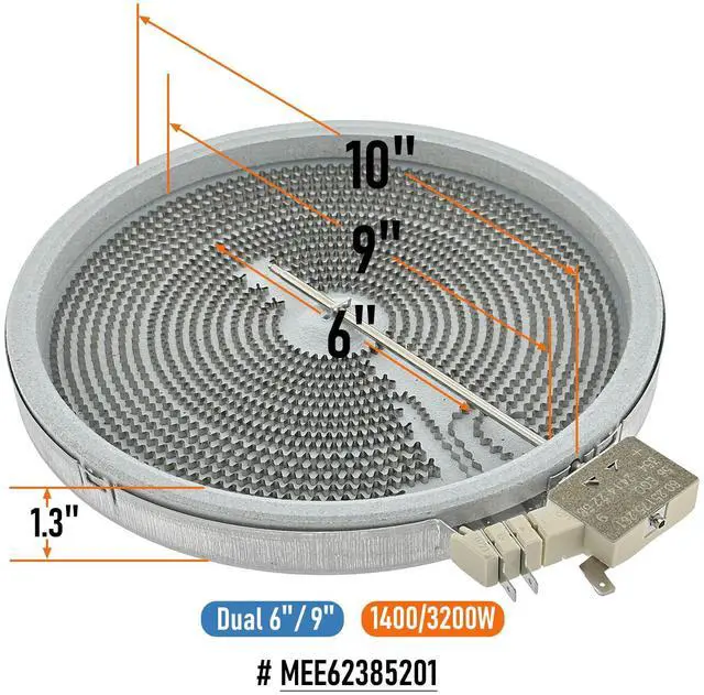 Alt view image 3 of 5 - MEE62385201 Range Dual Radiant Surface Element Heater 6/9 Inch, 3200W/1400W OEM Replacement Parts for LG Electric Range