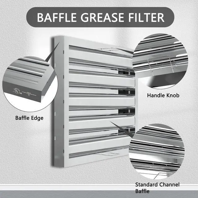 Alt view image 3 of 6 - Stainless Steel Commercial Kitchen Hood Filter, Range Hood Baffle Grease Filter for Restaurant Exhaust Hoods, UL/NSF Listed, 19.5 W x 15.5 H Inch 4 Grooves Hood Filters5 Pack