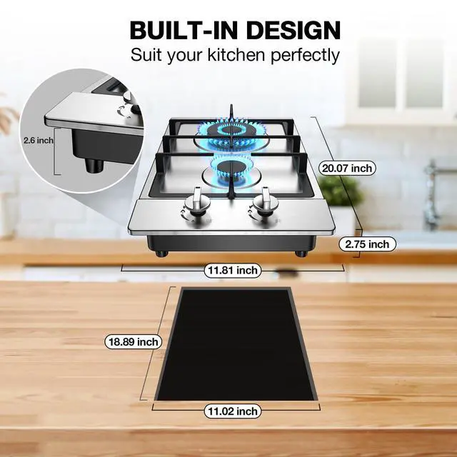 Alt view image 2 of 7 - Gas Cooktop 2 Burner Propane Cooktop, Stainless Steel Propane Stove 12 inch, Bulit-in Gas Stove Top with Thermocouple Protection, Lpg/Ng Dual Fuel Drop-in Stove for Apartments, Outdoor, Rvs