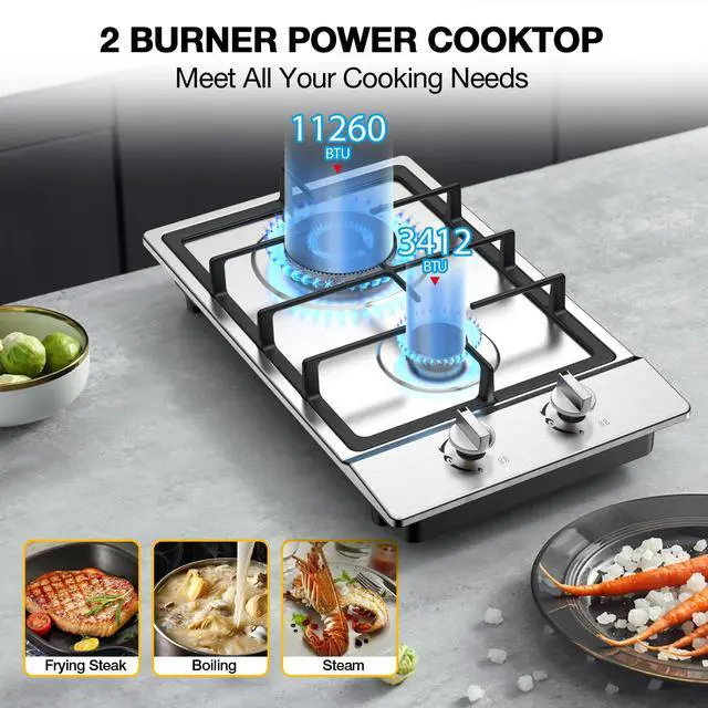 Alt view image 3 of 7 - Gas Cooktop 2 Burner Propane Cooktop, Stainless Steel Propane Stove 12 inch, Bulit-in Gas Stove Top with Thermocouple Protection, Lpg/Ng Dual Fuel Drop-in Stove for Apartments, Outdoor, Rvs