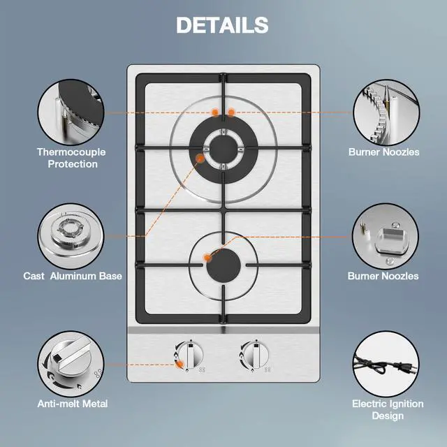 Alt view image 6 of 7 - Gas Cooktop 2 Burner Propane Cooktop, Stainless Steel Propane Stove 12 inch, Bulit-in Gas Stove Top with Thermocouple Protection, Lpg/Ng Dual Fuel Drop-in Stove for Apartments, Outdoor, Rvs