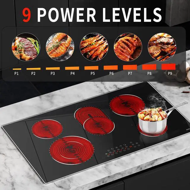 Alt view image 2 of 7 - 36 Inch Electric Cooktop Hobsir, 5 Burner Stove Top 8400W | (Built in Size 29.14inch x 9.3inch) 220V Hardwired Cook top, Dual Ring & Oval Burners Touch Control, Fits All Cookware