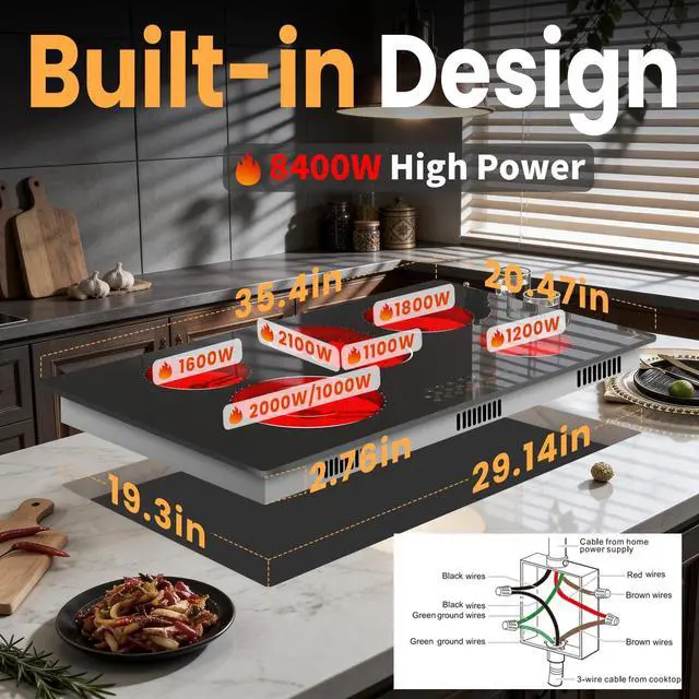 Alt view image 6 of 7 - 36 Inch Electric Cooktop Hobsir, 5 Burner Stove Top 8400W | (Built in Size 29.14inch x 9.3inch) 220V Hardwired Cook top, Dual Ring & Oval Burners Touch Control, Fits All Cookware