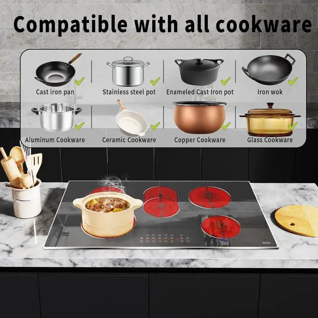 Alt view image 4 of 7 - 36 Inch Electric Cooktop Hobsir, 5 Burner Stove Top 8400W | (Built in Size 29.14inch x 9.3inch) 220V Hardwired Cook top, Dual Ring & Oval Burners Touch Control, Fits All Cookware