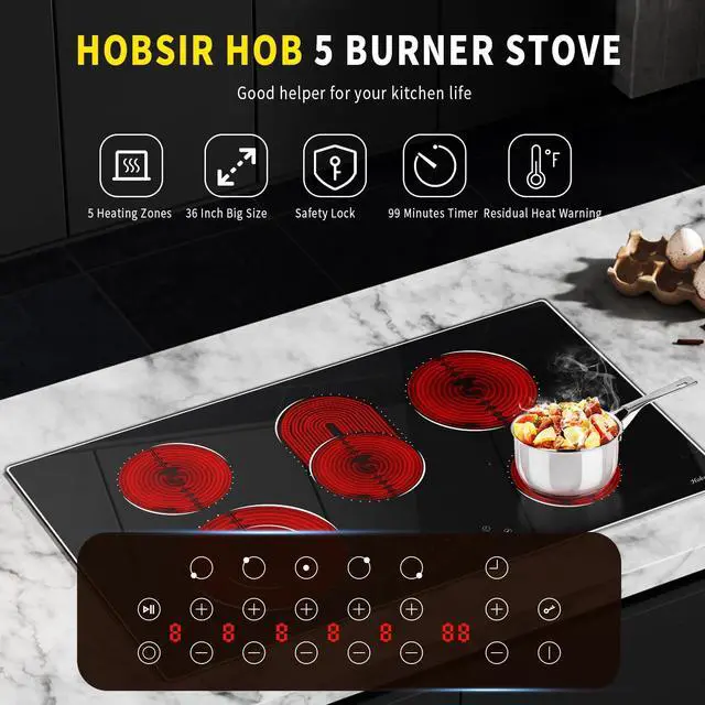 Alt view image 3 of 7 - 36 Inch Electric Cooktop Hobsir, 5 Burner Stove Top 8400W | (Built in Size 29.14inch x 9.3inch) 220V Hardwired Cook top, Dual Ring & Oval Burners Touch Control, Fits All Cookware