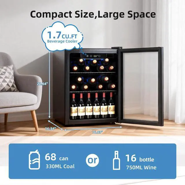 Alt view image 2 of 7 - 1.7 Cu.Ft Beverage Cooler for Up to 68 Cans, Compact Drink Fridge with Stainless Steel Glass Door, Digital Display and Electronic Temperature Control, Silver