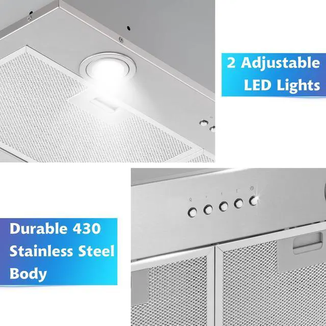 Alt view image 5 of 7 - 30" Range Hood Insert - 500 CFM Stainless Steel Built-in Kitchen Vent, 4-Speed Exhaust Fan, Dishwasher-Safe Baffle Filters, LED Lights & 3-Min Delayed Shutdown