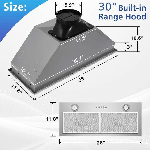 Alt view image 6 of 7 - 30" Range Hood Insert - 500 CFM Stainless Steel Built-in Kitchen Vent, 4-Speed Exhaust Fan, Dishwasher-Safe Baffle Filters, LED Lights & 3-Min Delayed Shutdown