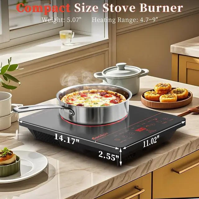 Alt view image 3 of 7 - Single Burner Electric Cooktop 1800W 110V Plug in, Orange | Countertop 1 Burner Infrared Electric Hot Plate with Safety Lock, Timer, Overheat Protection, Touch Control, 120V Plug in