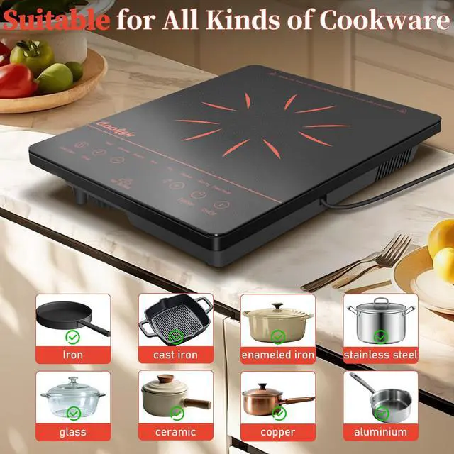 Alt view image 6 of 7 - Single Burner Electric Cooktop 1800W 110V Plug in, Orange | Countertop 1 Burner Infrared Electric Hot Plate with Safety Lock, Timer, Overheat Protection, Touch Control, 120V Plug in
