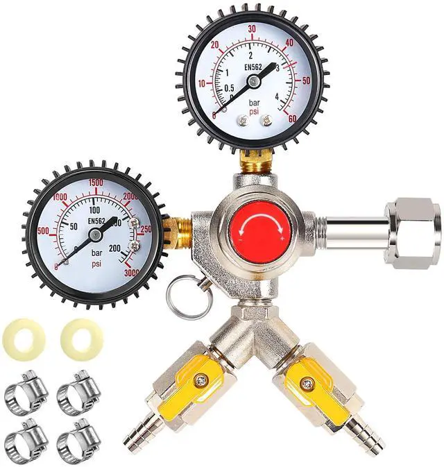 Main image of Y-Shaped Co2 Regulator for Kegerator - CGA320 Co2 Pressure Regulator for 2 Beer Kegs, Commercial Dual Gauge Co2 Tank Regulator Kegerator Parts, Kegerator Regulator with 4 Hose Clamps