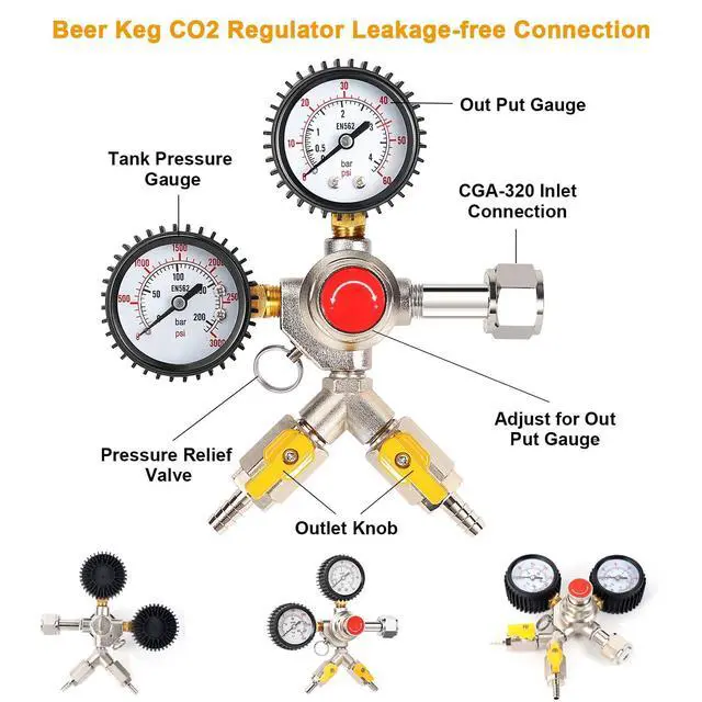 Alt view image 2 of 7 - Y-Shaped Co2 Regulator for Kegerator - CGA320 Co2 Pressure Regulator for 2 Beer Kegs, Commercial Dual Gauge Co2 Tank Regulator Kegerator Parts, Kegerator Regulator with 4 Hose Clamps