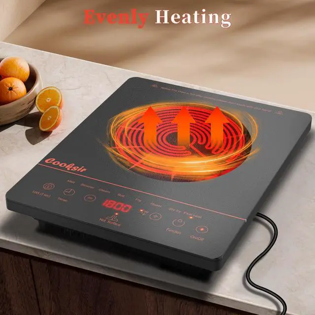 Alt view image 7 of 7 - Single Burner Electric Cooktop 1800W 110V Plug in, Orange | Countertop 1 Burner Infrared Electric Hot Plate with Safety Lock, Timer, Overheat Protection, Touch Control, 120V Plug in