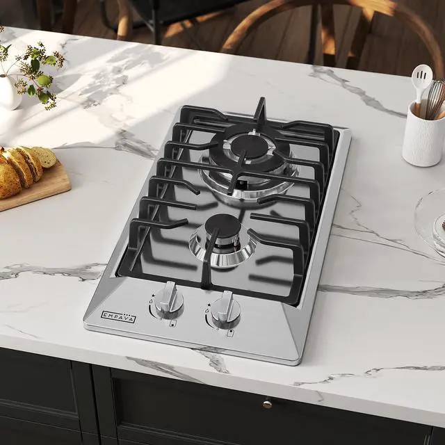 Alt view image 2 of 7 - 12 in. Gas Stove Cooktop with 2 Italy Sabaf Sealed Burners | NG/LPG Convertible in Stainless Steel, 12x21 Inch