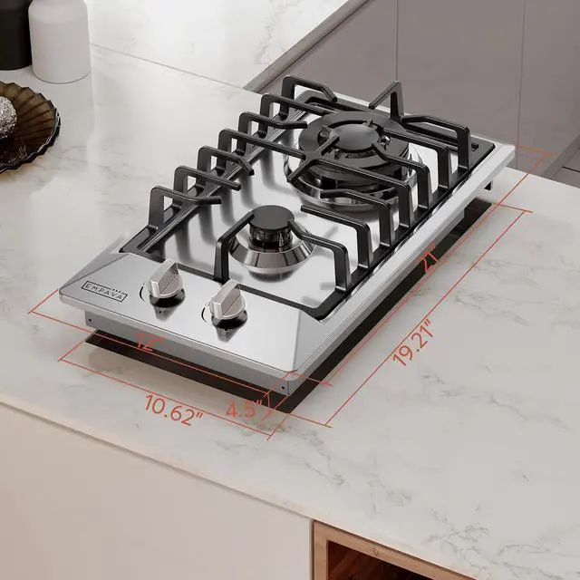 Alt view image 7 of 7 - 12 in. Gas Stove Cooktop with 2 Italy Sabaf Sealed Burners | NG/LPG Convertible in Stainless Steel, 12x21 Inch