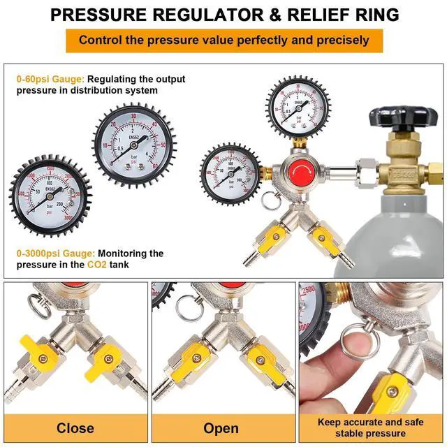 Alt view image 4 of 7 - Y-Shaped Co2 Regulator for Kegerator - CGA320 Co2 Pressure Regulator for 2 Beer Kegs, Commercial Dual Gauge Co2 Tank Regulator Kegerator Parts, Kegerator Regulator with 4 Hose Clamps