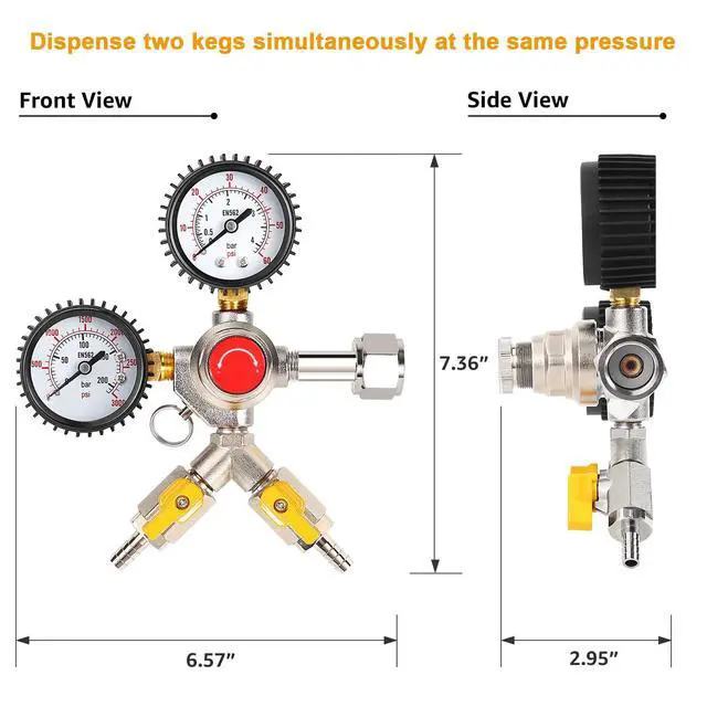 Alt view image 3 of 7 - Y-Shaped Co2 Regulator for Kegerator - CGA320 Co2 Pressure Regulator for 2 Beer Kegs, Commercial Dual Gauge Co2 Tank Regulator Kegerator Parts, Kegerator Regulator with 4 Hose Clamps