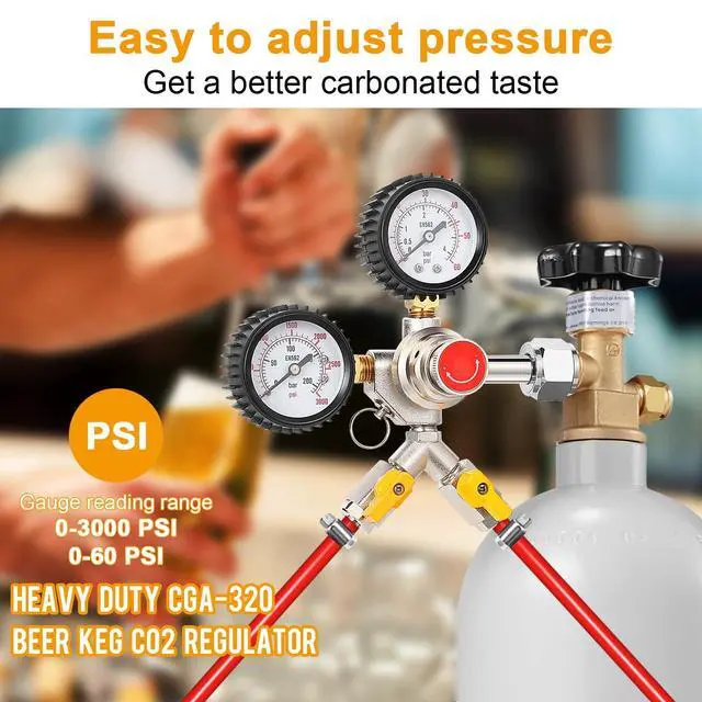 Alt view image 6 of 7 - Y-Shaped Co2 Regulator for Kegerator - CGA320 Co2 Pressure Regulator for 2 Beer Kegs, Commercial Dual Gauge Co2 Tank Regulator Kegerator Parts, Kegerator Regulator with 4 Hose Clamps