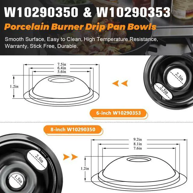 Alt view image 2 of 7 - W10290350 W10290353 Porcelain Electric Stove Burner Drip Pans and MP22YA Electric Range Burner Element MP15YA(6") MP21YA(8") by - Fit for Whirlpool May-tag Amana Electric Range Stove