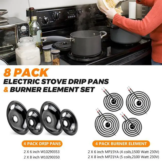 Alt view image 5 of 7 - W10290350 W10290353 Porcelain Electric Stove Burner Drip Pans and MP22YA Electric Range Burner Element MP15YA(6") MP21YA(8") by - Fit for Whirlpool May-tag Amana Electric Range Stove