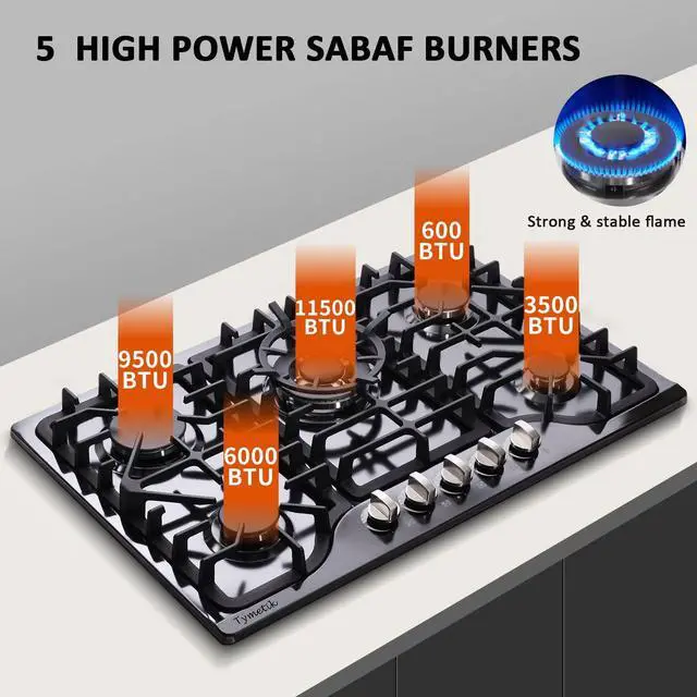 Alt view image 2 of 7 - 30 Inch Gas Cooktop, Built-in Stainless Steel Gas Stovetop 5 High Efficiency Burners Gas Stove LPG/NG Convertible Gas Hob (Black)