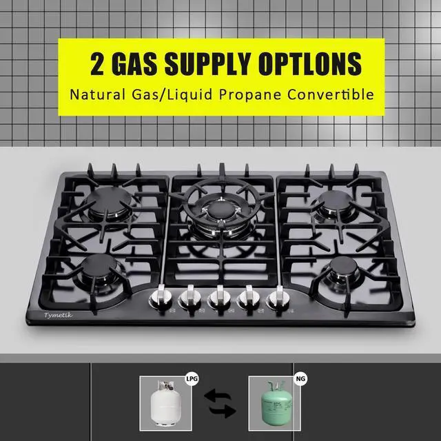 Alt view image 4 of 7 - 30 Inch Gas Cooktop, Built-in Stainless Steel Gas Stovetop 5 High Efficiency Burners Gas Stove LPG/NG Convertible Gas Hob (Black)