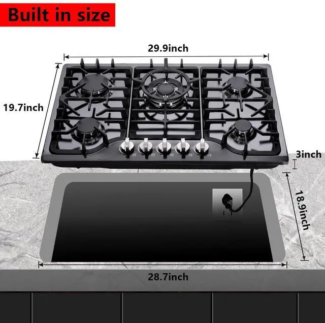 Alt view image 5 of 7 - 30 Inch Gas Cooktop, Built-in Stainless Steel Gas Stovetop 5 High Efficiency Burners Gas Stove LPG/NG Convertible Gas Hob (Black)