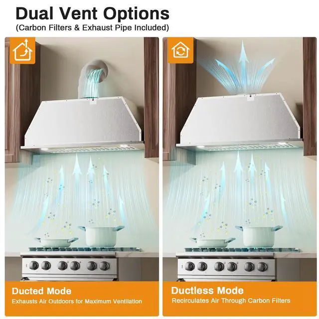 Alt view image 3 of 7 - Range Hood 30 inch, Insert Range Hood 600 CFM Kitchen Vent Stove Hood with 3 Speed Gestures Sensor Touch Control with Remote, Permanent Baffle Filter, Ducted/Ductless Convertible (silver2, gesture)