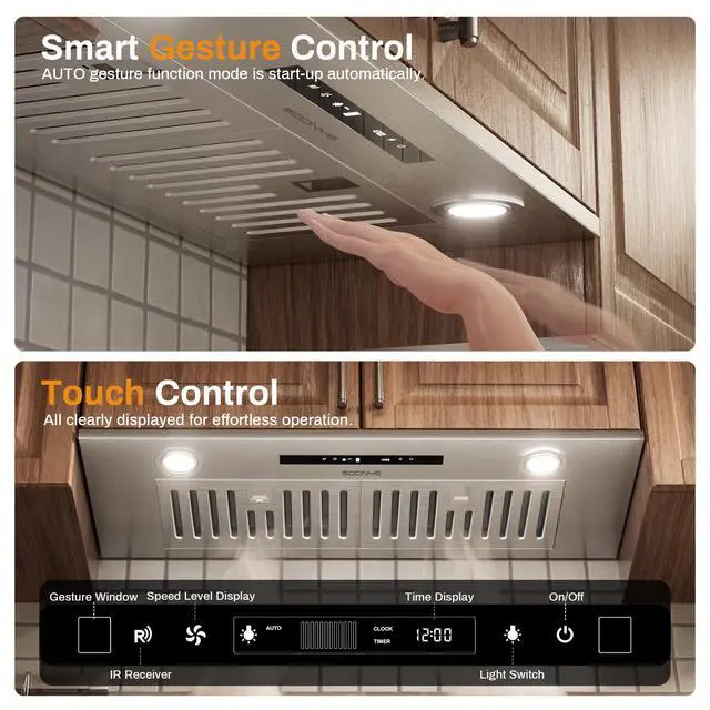 Alt view image 5 of 7 - Range Hood 30 inch, Insert Range Hood 600 CFM Kitchen Vent Stove Hood with 3 Speed Gestures Sensor Touch Control with Remote, Permanent Baffle Filter, Ducted/Ductless Convertible (silver2, gesture)