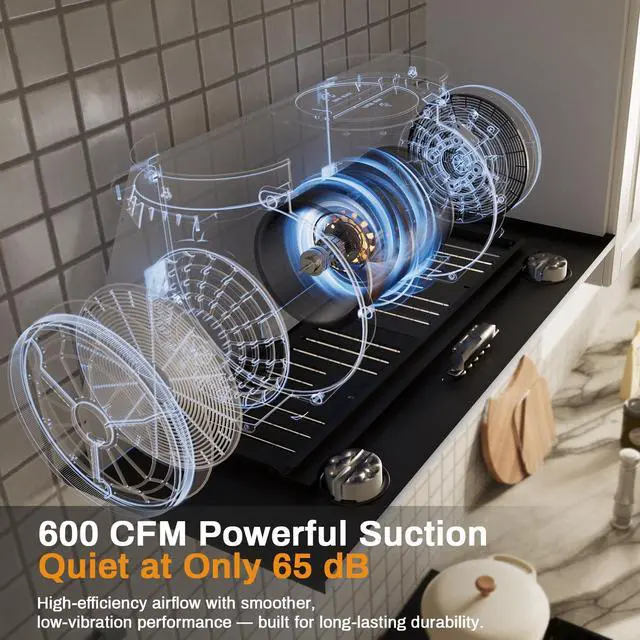Alt view image 4 of 7 - Range Hood 30 inch, Insert Range Hood 600 CFM Kitchen Vent Stove Hood with 3 Speed Gestures Sensor Touch Control with Remote, Permanent Baffle Filter, Ducted/Ductless Convertible (Black, button)