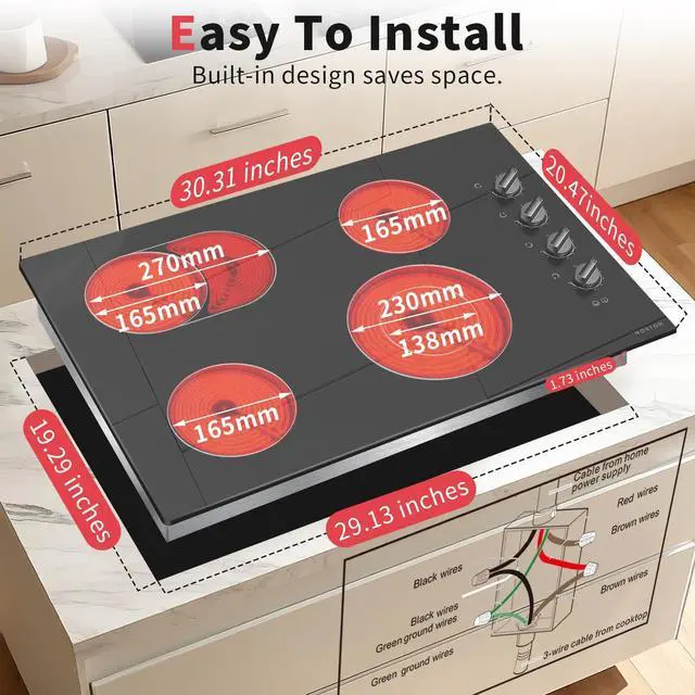 Alt view image 7 of 7 - 4 Burner Electric Cooktop 30 Inch, Knob Control Ceramic Cooktop 30" | 30" Radiant Electric Stove Top, Extended Zone, Hot Surface Indicator, 9 Power Level, Drop in 32Amps 220-240V HardWire,No Plug
