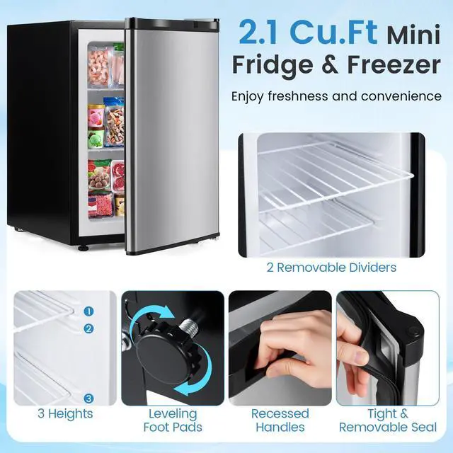 Alt view image 5 of 7 - Mini Freezer, 2.1 Cu.Ft Small Compact Upright Freezer with Reversible Door, Adjustable Thermostat, Removable Shelves, Quiet Freezer for Dorm Office Apartment (Silver)