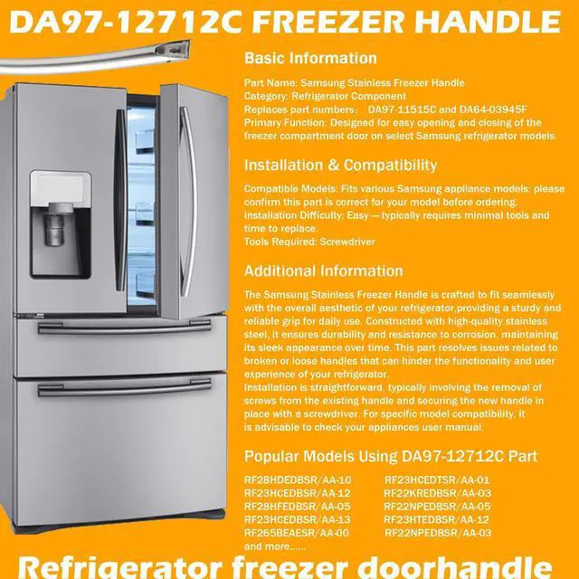Alt view image 4 of 7 - DA97-12712C Freezer Handle Compatible with Samsung Door,Samsung Refrigerator Freezer Door Handle Replacement DA97-11515C DA64-03945F,Compatible with RF28HMEDBSR RF28HMELBSR RF30HBEDBSR RF24FSEDBSR