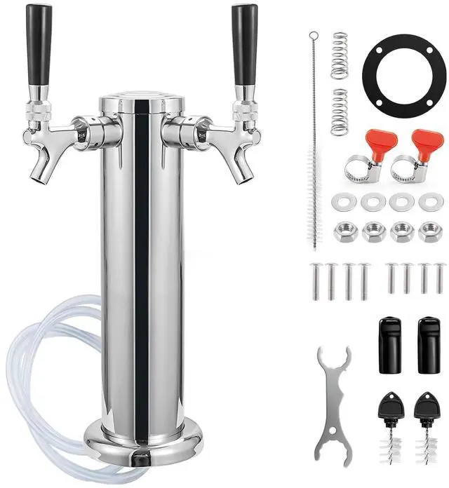 Main image of Kegerator Tower Beer Tap Tower Dispenser Dual Faucet Beer Tower Draft Beer Dispenser Stainless Steel Keg Tap Tower 3'' Keg Tower Pre-assembled Line Beer Faucet Dispenser Kit For Home, Bar,Party