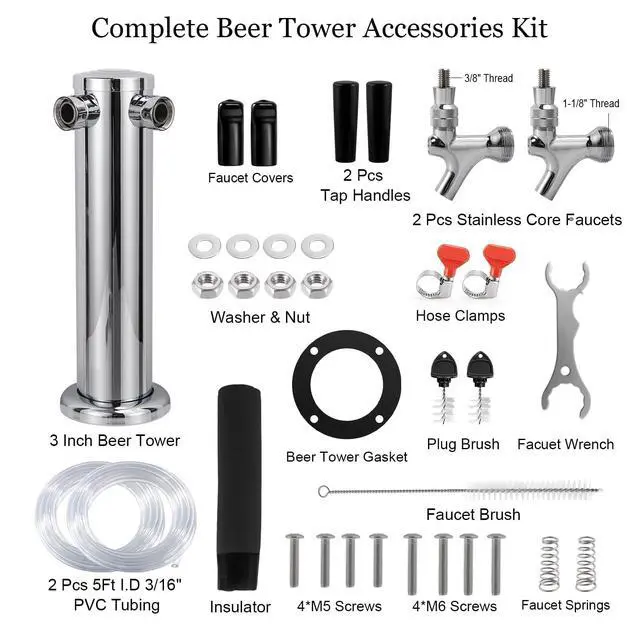 Alt view image 2 of 7 - Kegerator Tower Beer Tap Tower Dispenser Dual Faucet Beer Tower Draft Beer Dispenser Stainless Steel Keg Tap Tower 3'' Keg Tower Pre-assembled Line Beer Faucet Dispenser Kit For Home, Bar,Party
