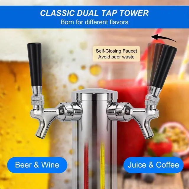 Alt view image 4 of 7 - Kegerator Tower Beer Tap Tower Dispenser Dual Faucet Beer Tower Draft Beer Dispenser Stainless Steel Keg Tap Tower 3'' Keg Tower Pre-assembled Line Beer Faucet Dispenser Kit For Home, Bar,Party