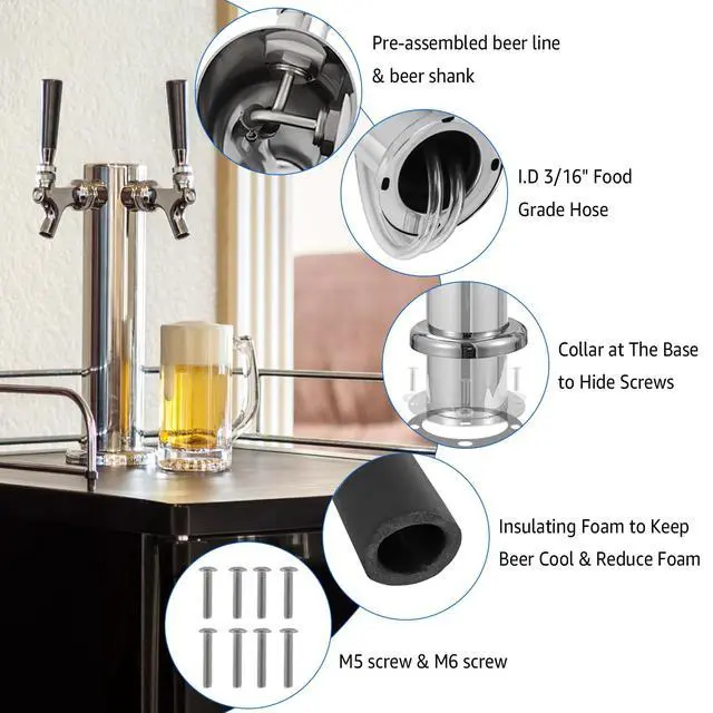 Alt view image 3 of 7 - Kegerator Tower Beer Tap Tower Dispenser Dual Faucet Beer Tower Draft Beer Dispenser Stainless Steel Keg Tap Tower 3'' Keg Tower Pre-assembled Line Beer Faucet Dispenser Kit For Home, Bar,Party