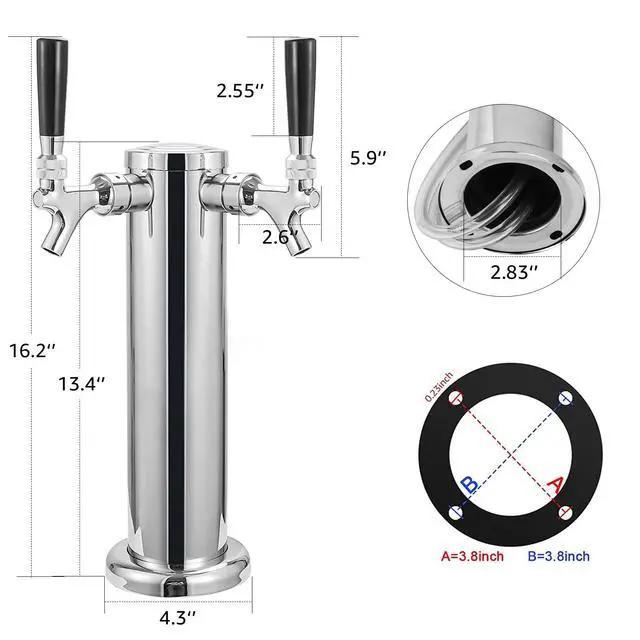 Alt view image 5 of 7 - Kegerator Tower Beer Tap Tower Dispenser Dual Faucet Beer Tower Draft Beer Dispenser Stainless Steel Keg Tap Tower 3'' Keg Tower Pre-assembled Line Beer Faucet Dispenser Kit For Home, Bar,Party