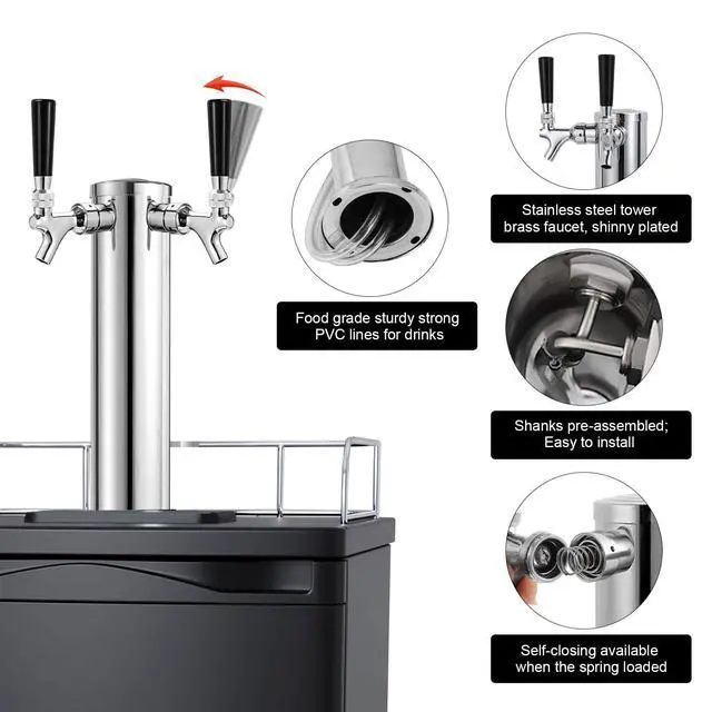 Alt view image 4 of 7 - Kegerator Tower Dual Faucet, 3" Beer Tower Double Tap Dispenser | Stainless Steel Tower Brass Faucet Stainless Core with Pre-assembled Lines Kegerator Parts, Keg Tower Beer Keg Tap for Brew