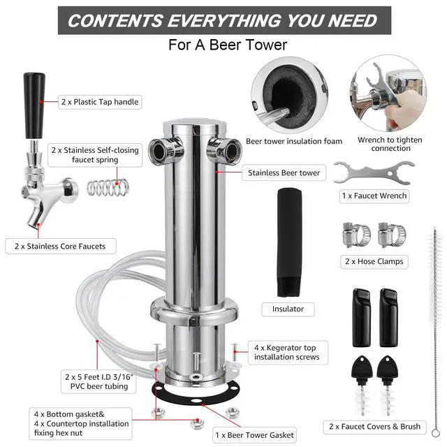 Alt view image 3 of 7 - Kegerator Tower Dual Faucet, 3" Beer Tower Double Tap Dispenser | Stainless Steel Tower Brass Faucet Stainless Core with Pre-assembled Lines Kegerator Parts, Keg Tower Beer Keg Tap for Brew